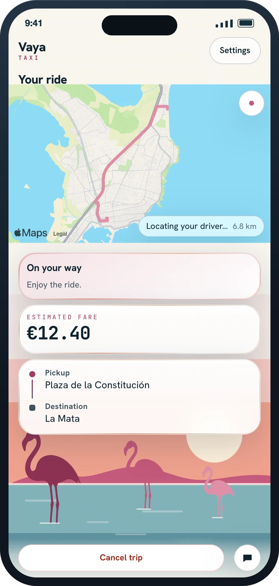 Vaya on a phone: live map with the taxi 7 minutes away and a €12.40 fare estimate