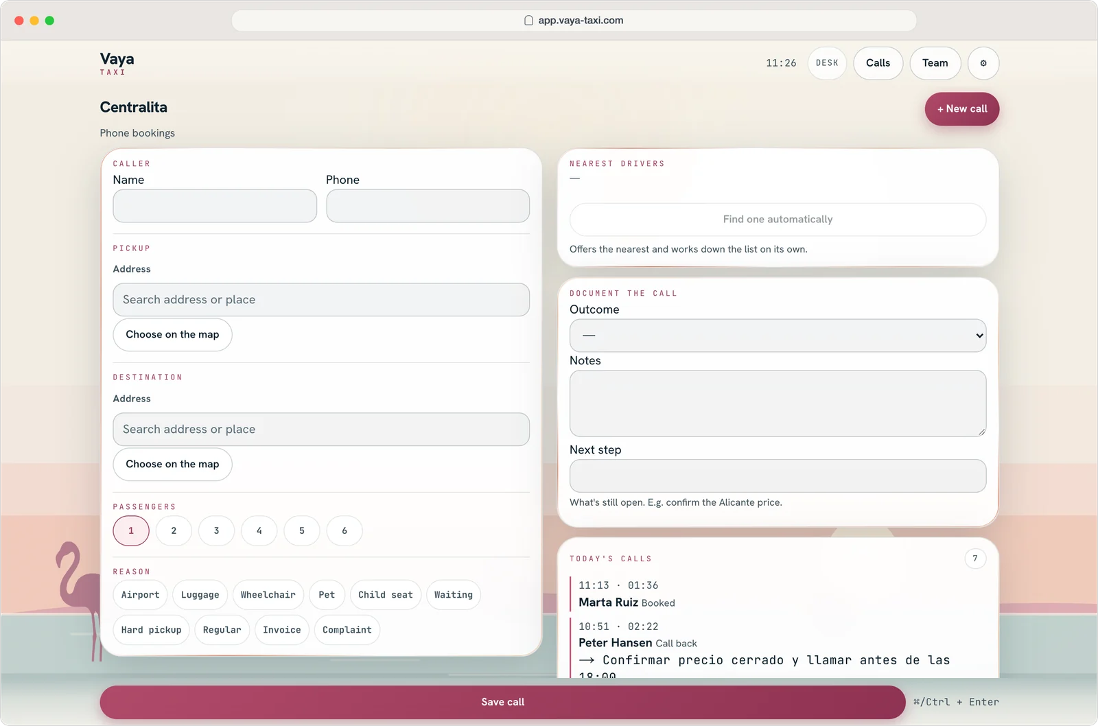 Dispatch screen: caller, pick-up, destination, passengers and nearest drivers